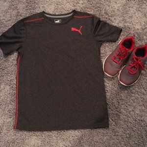 Gray and Red Polyester Short Sleeve Crew Neck